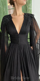 A-line Black Chiffon Unique Modest Stylish Elegant Evening Formal Long Prom Dresses PD1464
