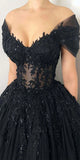 A-line Black Off the Shoulder Tulle Princess Unique Fashion Party Evening Long Prom Dresses PD022