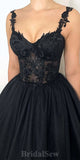 A-line Black Spaghetti Straps Tulle Lace New Modest Stylish Women Evening Formal Long Prom Dresses PD1466