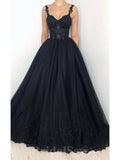 A-line Black Spaghetti Straps Tulle Lace New Modest Stylish Women Evening Formal Long Prom Dresses PD1466