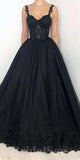 A-line Black Spaghetti Straps Tulle Lace New Modest Stylish Women Evening Formal Long Prom Dresses PD1466