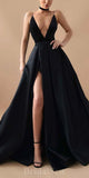 A-line Black V-Neck Satin Simple Spaghetti Straps Stylish Elegant Evening Formal Long Prom Dresses PD1463