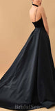 A-line Black V-Neck Satin Simple Spaghetti Straps Stylish Elegant Evening Formal Long Prom Dresses PD1463