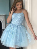 A-line Blue Popular Modest Short Party Prom Dresses, Elegant Homecoming Dresses HD019