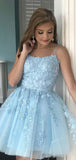 A-line Blue Popular Modest Short Party Prom Dresses, Elegant Homecoming Dresses HD019