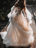 A-line Fairy Unique Long Sleeves Elegant Stylish Vintage Dream Beach Long Wedding Dresses WD536