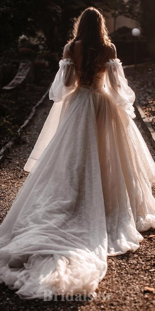 A-line Fairy Unique Long Sleeves Elegant Stylish Vintage Dream Beach Long Wedding Dresses WD536