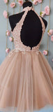 A-line Halt Lace Popular Modest Short Party Prom Dresses, Tulle Homecoming Dresses HD018