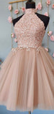 A-line Halt Lace Popular Modest Short Party Prom Dresses, Tulle Homecoming Dresses HD018