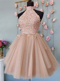 A-line Halt Lace Popular Modest Short Party Prom Dresses, Tulle Homecoming Dresses HD018