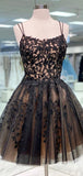 A-line Lace Black Spaghetti Straps Chic Stylish Sparkly Short Homecoming Dresses HD004