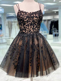A-line Lace Black Spaghetti Straps Chic Stylish Sparkly Short Homecoming Dresses HD004