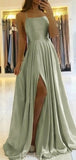 A-line Modest Custom Spaghetti Straps Sage Long Prom Dresses PD135