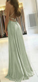 A-line Modest Custom Spaghetti Straps Sage Long Prom Dresses PD135