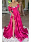 A-line Off Shoulder Hot Pink Satin Popular Elegant Evening Formal Long Prom Dresses PD1422