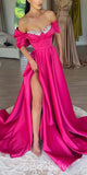 A-line Off Shoulder Hot Pink Satin Popular Elegant Evening Formal Long Prom Dresses PD1422