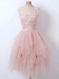 A-line Pink Lace Sleeveless Modest Short Party Prom Dresses, Tulle Homecoming Dresses HD017