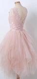 A-line Pink Lace Sleeveless Modest Short Party Prom Dresses, Tulle Homecoming Dresses HD017