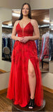 A-line Red Spaghetti Straps Lace Popular Fashion Party Evening Long Prom Dresses PD024