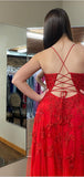 A-line Red Spaghetti Straps Lace Popular Fashion Party Evening Long Prom Dresses PD024