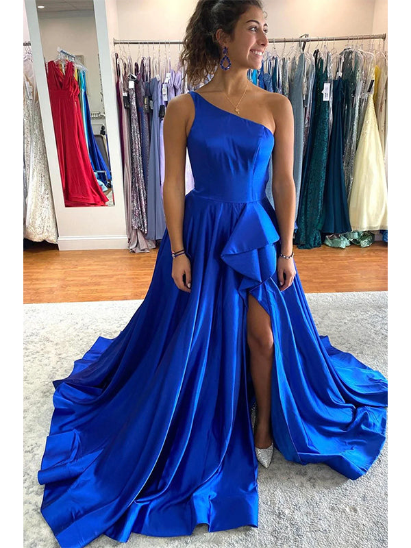 A-line Royal Blue One Shoulder Satin Popular Evening Formal Long Prom Dresses PD1395
