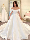 A-line Satin Off the Shoulder Princess Beach Dream Vintage Long Wedding Dresses WD545