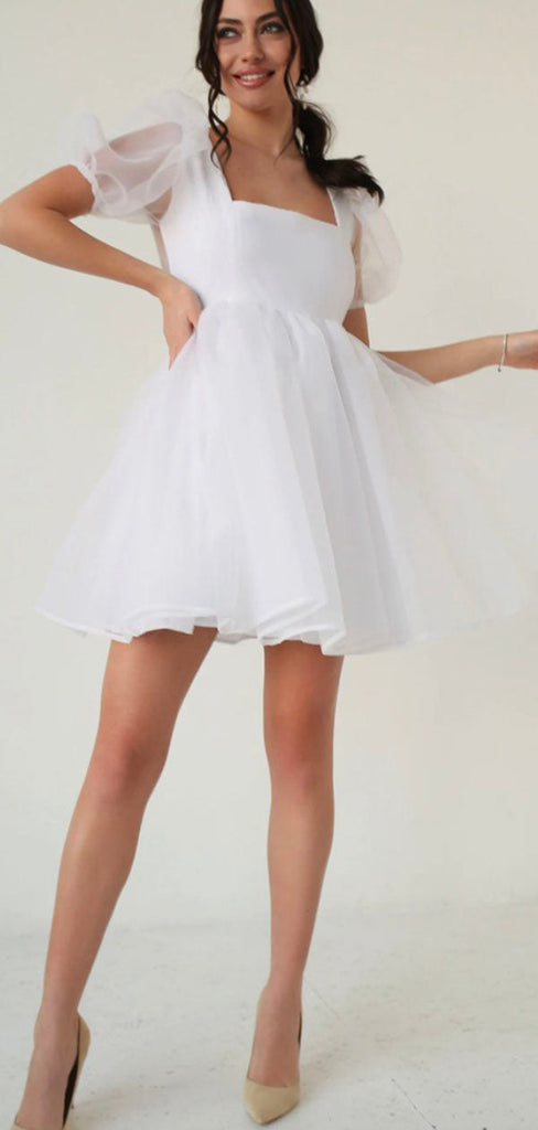 A-line Short Sleeves Garden Unique Dream Beach Vintage Short Wedding Dresses WD021