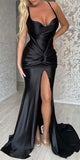 Black Mermaid Elegant Satin Party Modest Women Evening Long Prom Dresses PD1506