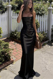 Black Straps Satin Simple Mermaid Party Modest Women Evening Long Prom Dresses PD1533
