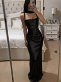 Black Straps Satin Simple Mermaid Party Modest Women Evening Long Prom Dresses PD1533