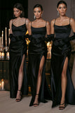 Black paghetti Straps Satin Mermaid Long Beach Formal Party Bridesmaid Dresses BD261