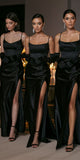 Black paghetti Straps Satin Mermaid Long Beach Formal Party Bridesmaid Dresses BD261