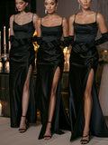 Black paghetti Straps Satin Mermaid Long Beach Formal Party Bridesmaid Dresses BD261