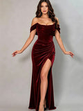 Burgundy Velvet Mermaid Party Modest Custom Women Evening Long Prom Dresses PD1539