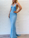 Charming Sequin Spaghetti Straps Blue Mermaid Glitter Popular Long Party Evening Prom Dresses PD969