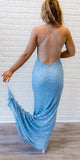 Charming Sequin Spaghetti Straps Blue Mermaid Glitter Popular Long Party Evening Prom Dresses PD969