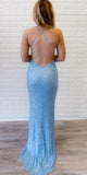 Charming Sequin Spaghetti Straps Blue Mermaid Glitter Popular Long Party Evening Prom Dresses PD969