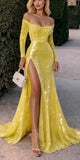 Charming Yellow Sequins Long Sleeves Mermaid Party Modest Women Evening Long Prom Dresses PD1531