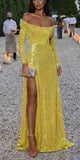 Charming Yellow Sequins Long Sleeves Mermaid Party Modest Women Evening Long Prom Dresses PD1531
