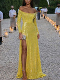 Charming Yellow Sequins Long Sleeves Mermaid Party Modest Women Evening Long Prom Dresses PD1531