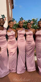 Custom Pink One Shoulder Satin Mermaid Long Beach Formal Bridesmaid Dresses BD255