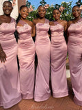 Custom Pink One Shoulder Satin Mermaid Long Beach Formal Bridesmaid Dresses BD255