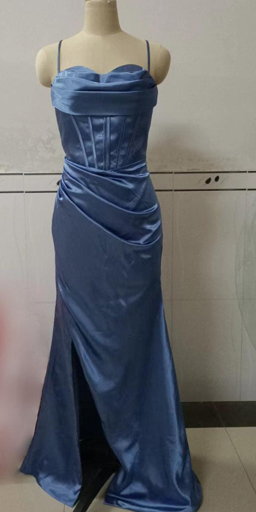 Dusty Blue Spaghetti Straps Popular Elegant Modest Evening Long Prom D ...