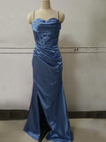 Dusty Blue Spaghetti Straps Popular Elegant Modest Evening Long Prom Dresses PD1367