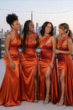 Free Custom One Shoulder Satin Mermaid Long Beach Formal Bridesmaid Dresses BD258