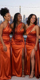 Free Custom One Shoulder Satin Mermaid Long Beach Formal Bridesmaid Dresses BD258