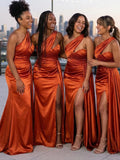 Free Custom One Shoulder Satin Mermaid Long Beach Formal Bridesmaid Dresses BD258
