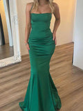 Green Satin Straps Mermaid Party Modest Women Evening Long Prom Dresses PD1540
