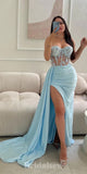 Light Blue Modest New Unique Mermaid Satin Elegant Evening Formal Long Prom Dresses PD1405