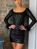 Mermaid Black Sequin Modest Popular Short Party Prom Dresses, Unique Homecoming Dresses HD013